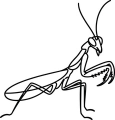 Line drawing of a praying mantis insect in a threatening stance profile view