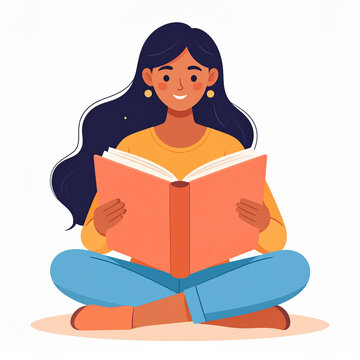 Young reader female book reader smiling sitting cross legged with long hair reading large open book in casual clothing, warm cozy learning moment