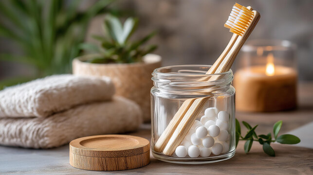 Glass jar with toothpaste tablets, bamboo toothbrush, zero waste oral care routine, plastic-free dental hygiene, sustainable bathroom practice, eco-friendly tooth cleaning, minimalist