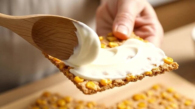 A person spreads a creamy white sauce on a crunchy corn cracker using a wooden spoon. This close-up shot highlights the texture of the multigrain crispbread and the smooth consistency of the spread. T