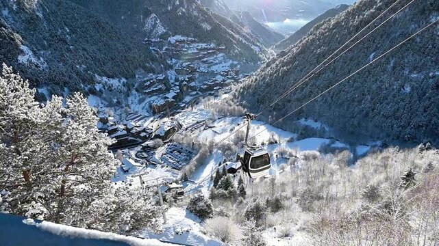 Arinsal, Andorra &ndash; February 2, 2026: Access gondola to the Arinsal ski resort on a snowy winter day.2026, Arinsal, February,
