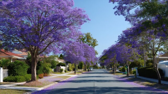 Quiet street lined with blooming purple jacaranda trees, their fallen petals covering the ground, creating a vibrant spring landscape perfect for travel and nature