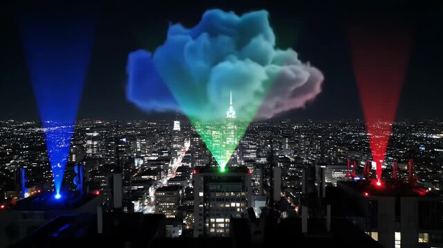 A dramatic nighttime cityscape illuminated by vibrant beams of red, green, and blue light. Ideal for representing celebration, innovation, or urban en