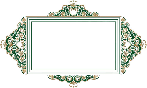 Elegant green and gold ornate floral scrollwork frame with heart motifs
