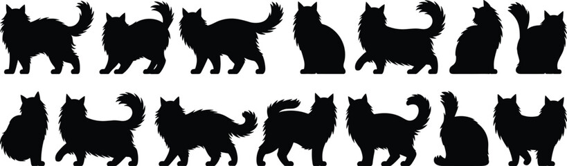 Assortment of black cat silhouettes showcasing different breeds and postures including standing walking and sitting for creative projects