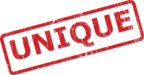 Vibrant red grunge stamp clearly showing the distinctive word UNIQUE on a pristine white isolated surface
