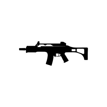A minimalist black silhouette vector icon of a G36C assault rifle on a white background.
