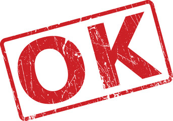 Vivid red grunge rubber stamp with the simple two letter word OK centered on a white background