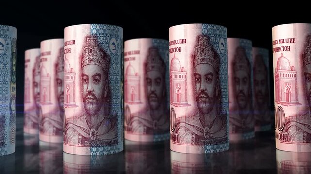 Tajikistan somoni Tajikistani money rolls loop 3d. Camera moving in front of 100 TJS rolling banknotes. Seamless loopable concept of economy, finance, business and debt.