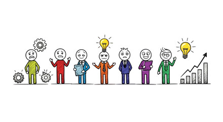 Fototapeta premium A line of diverse stick figures representing business concepts like teamwork, ideas, innovation, growth, and problem-solving.