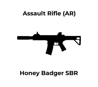 A minimalist black silhouette vector icon of a Honey Badger SBR Short Barreled Rifle displayed on a white background.