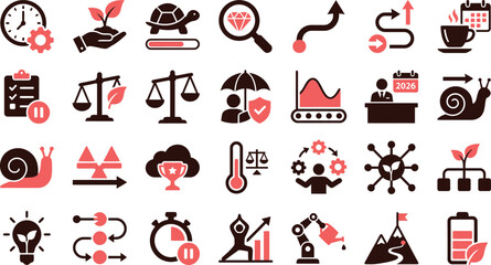 Collection of black and red icons representing science, technology, and industry on a clean background viewed from directly above. © NeoVector