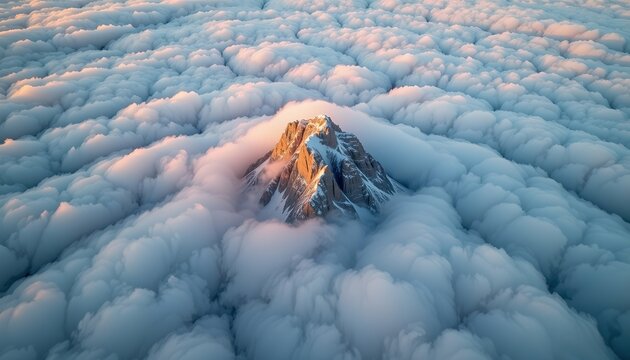 20260201184133list 277 A breathtaking aerial perspective captured through a translucent, delicate lens, revealing a solitary mountain summit piercing through a vast expanse of sky