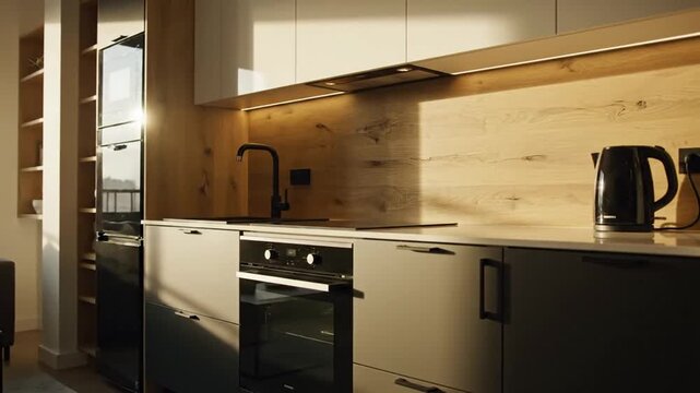 Modern Minimalist Kitchen Interior With Warm Sunlight And Contemporary Design Elements