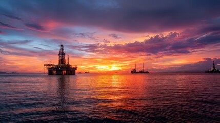 Offshore oil drilling rig at dramatic sunset with vibrant orange and purple sky over open sea. Industrial energy production and maritime transport.