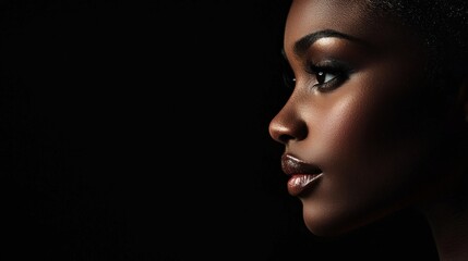 A woman with dark skin and short hair, wearing a black top, stands against a black background with a dramatic lighting effect, highlighting her facial features.