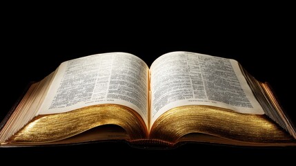 Obraz premium Open old Bible with golden pages. Scripture reading for spiritual guidance and religious study. Christian faith, education, inspiration concept.