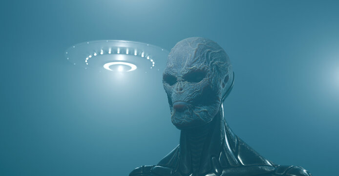 Portrait of an alien against the background of a UFO.