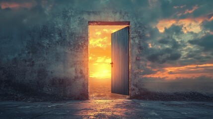 An open door leading to a bright, colorful sunset with a textured wall and a stone floor.