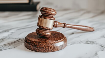 A wooden judge's gavel resting on a marble surface with a book in the background.