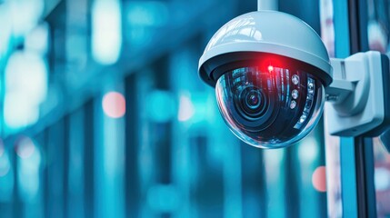 A security camera mounted on a building facade, with a red light illuminated, capturing an urban scene.