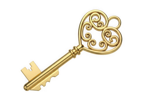 Ornate golden skeleton key with intricate design isolated on transparent background