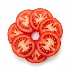 Sliced red tomato rounds arranged in circle isolated on white background. Fresh organic tomato pieces for salad, pizza or sandwich. Top view flat lay macro.