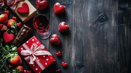 A wooden table with a glass of red wine, wrapped presents, and heart-shaped decorations.