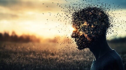 A silhouette of a person with a sunburst behind them, set against a vibrant sunset sky.