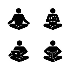 A collection of black silhouette vector icons featuring a person sitting cross-legged engaged in various activities meditation, using a laptop, and reading a book. 