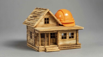 A small wooden house with a hard hat on top, set against a gray background.