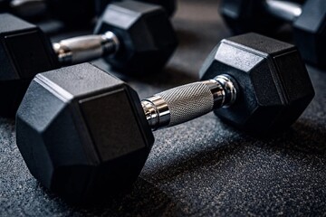 Close-Up Detail Shot of Dumbbells Fitness Equipment for Gym and Workout Background
