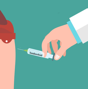 Vector illustration of a medical professional&rsquo;s hand administering a vaccination with a syringe into a patient's arm. Representing immunization, healthcare services, and clinical treatment.