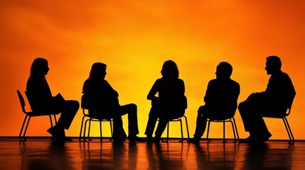 Silhouettes of five people sitting in chairs against an orange and yellow sunset sky.