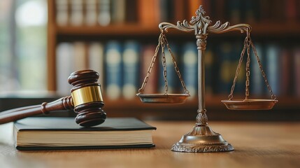 A wooden gavel and a scale of justice on a wooden desk in a courtroom.