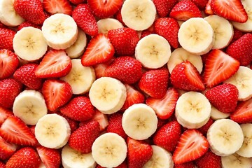 Top View of Fresh Sliced Strawberries and Bananas Healthy Snack Background