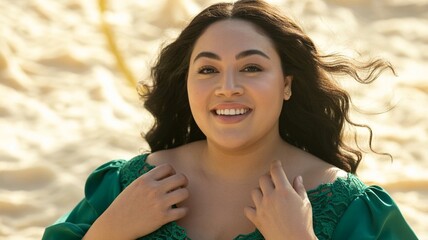 Confident Plus Size Woman Portrait with Warm Smile and Elegant Fashion Style