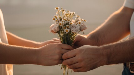 Tender Couple Hands Holding Delicate Flower Bouquet in Warm Golden Light Romantic Concept