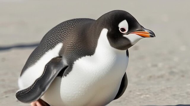 A charming Gentoo penguin waddles gracefully along a desolate sandy shore, its striking black and white feathers contrasting with the subtle hues of the natural coastal environment
