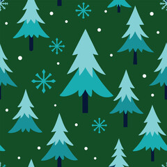 Obraz premium Teal Trees & Snowflakes on Emerald Green