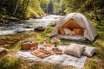 Romantic Camping Date Setup with Tent by River Daytime Outdoor Getaway Background
