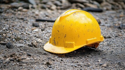 A yellow construction helmet lies on a gravelly surface with rocks and debris.