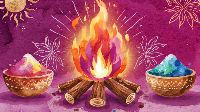 Vibrant Watercolor Holika Bonfire and Holi Gulal Festival Illustration
