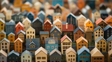 A collection of miniature colorful houses in a row, with a blurred background.