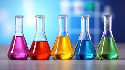 Five colorful laboratory flasks with liquid in them, arranged in a row on a table.