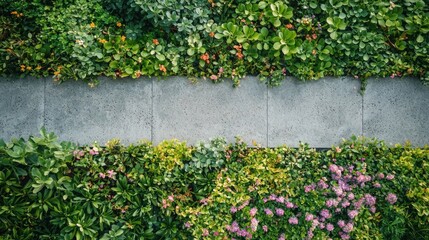A concrete wall with a green and pink flower garden on top.