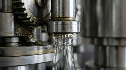 Fototapeta premium Industrial bottling machine capping a glass bottle