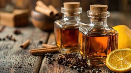 Two bottles of amber-colored liquid with cork stoppers, one with a lemon slice and a cinnamon stick
