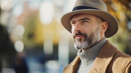 A man in a beige hat and brown coat, standing outdoors with a blurred background of trees and buildings.