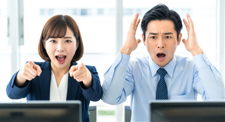 PC画面を見て驚く・悩む男女のビジネスパーソン 日本人 2人 衝撃 課題解決 オフィス 広告素材